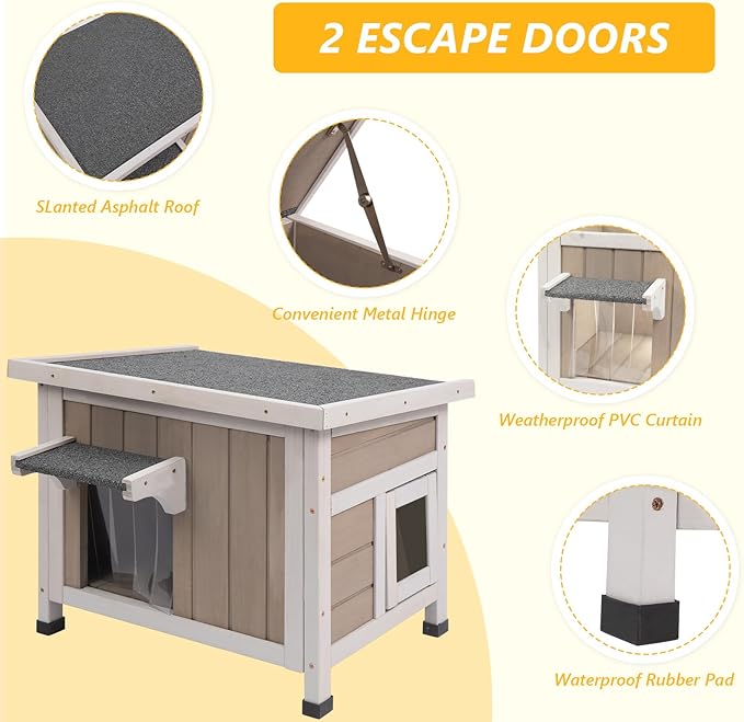 22.44" L Cat House,Feral Cat Shelter for Summer Cats,Outdoor Weatherproof Cat Enclosure with Openable Asphalt Roof & 2 Escape Doors for Small Cats,Suit for 1-2 Cat,Grey