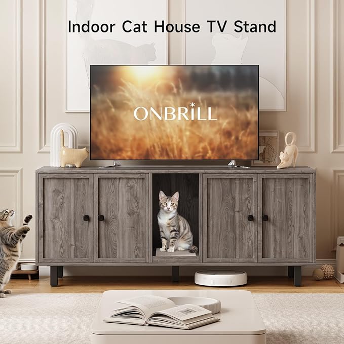 59 Inches Cat Litter Box Enclosure for 2 Cats, Hidden Litter Boxes Furniture with Cat Scratch Pad, Large Indoor Pet House with Double Room, Wooden TV Stand Side Table, Grey