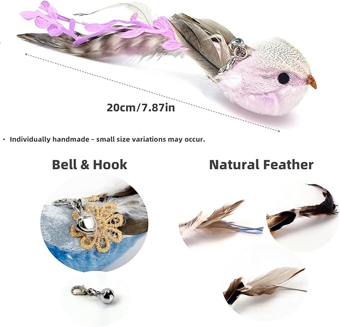 11PCS Realistic Bird Cat Toy Refills – Handmade Feather Cat Toys with Bell, Clip-on Cat Wand Attachments – Interactive Cat Toys for Indoor Cats, Refill Set for Wand Toy or Cute Home Décor