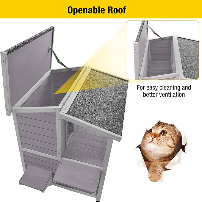 Aivituvin 2 Story Cat House with Large Balcony, Indoor Cat Condo Outdoor Cat Shelter, Wooden Kitty Home with PVC Door Strip