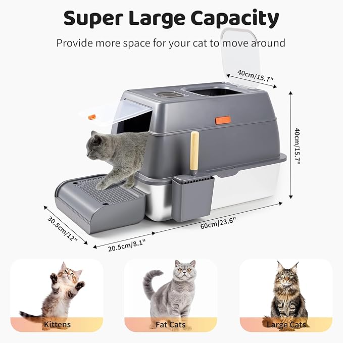 Stainless Steel Litter Box with Lid, XXL 23.6"L x 15.7"W x 15.7"H Enclosed High Sided Removable Metal Cat Litter Box with Top Entry, Scoop, Anti-Leakage, Non-Sticky, Easy Cleaning (Dark Grey)