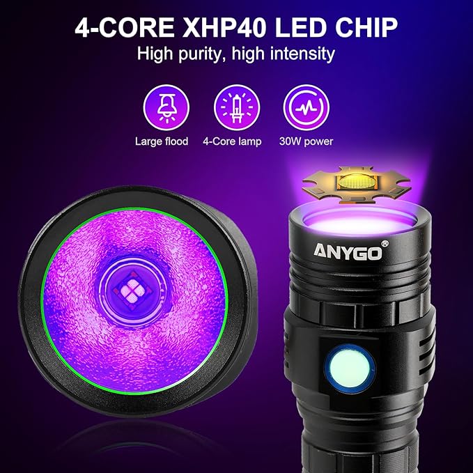 395nm Black Light Flashlight, 30W Rechargeable UV Flashlight, Ultraviolet Bright UV Led Torch for Pet Urine & Bed Bug Detector, Dry Stains, Ore and Jade, Durable and Strong (395 nM)