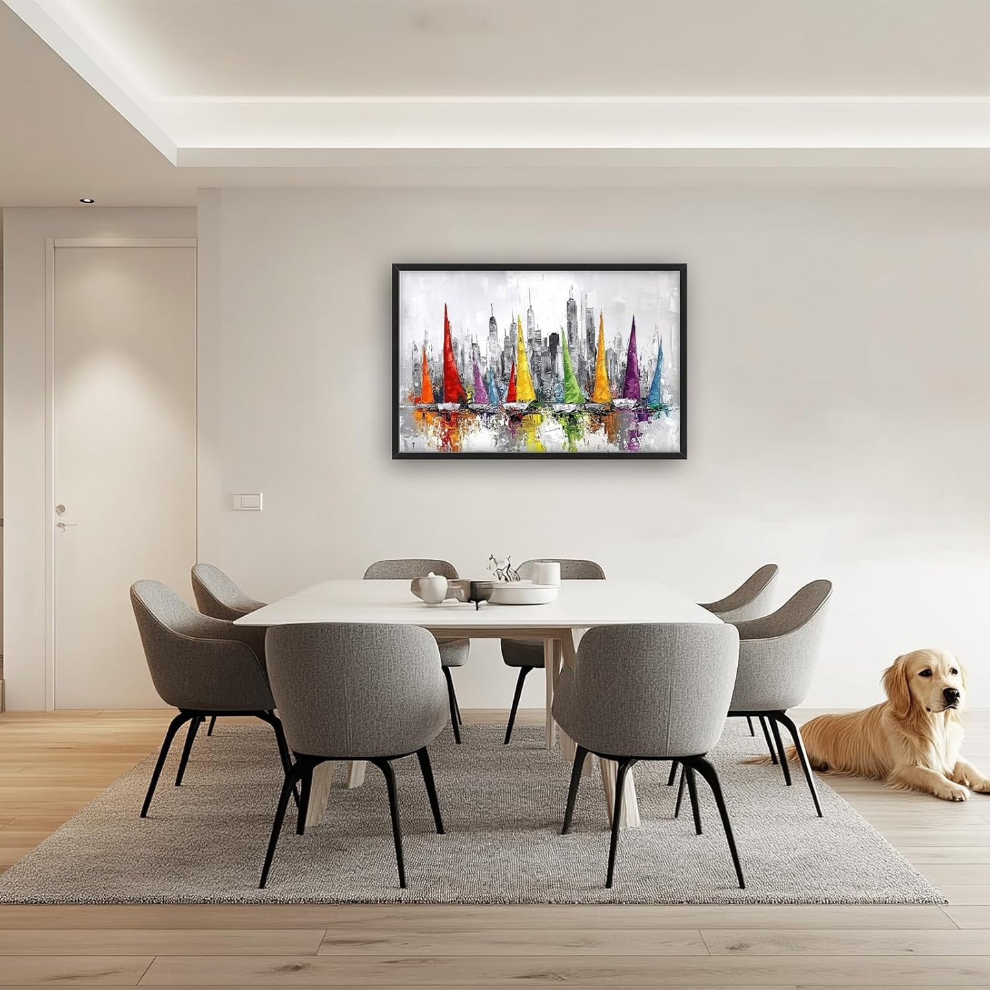 Framed Large Sailboat Wall Art for Living Room, Oversized Abstract City Wall Decor Colorful Sailboat Canvas Painting Pictures Modern Artwork for Living Room Bedroom Office Dinging Room 36"x24"