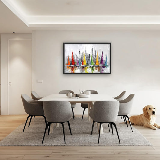 Framed Large Sailboat Wall Art for Living Room, Oversized Abstract City Wall Decor Colorful Sailboat Canvas Painting Pictures Modern Artwork for Living Room Bedroom Office Dinging Room 36"x24"