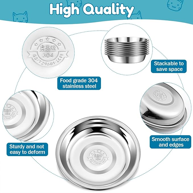 12 PCS Stainless Steel Cat Bowls,5.5 In Shallow Wide Cat Food Dishes,Whisker Fatigue Relief Cat Food Bowls,Replacement Basic Cat Plates for Elevated Stand,Metal Cat Bowls for Small Dogs&Cats