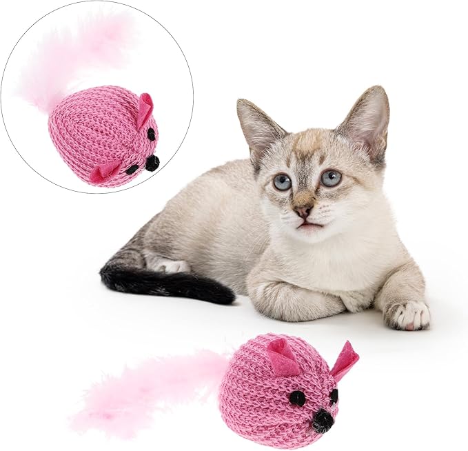 LOGOFUN Cat Toy Knitted Mouse Kitten Toy with Feather Plush Mouse Shaped Pet Interactive Accessory for Indoor Home Animal Supplies - Pink
