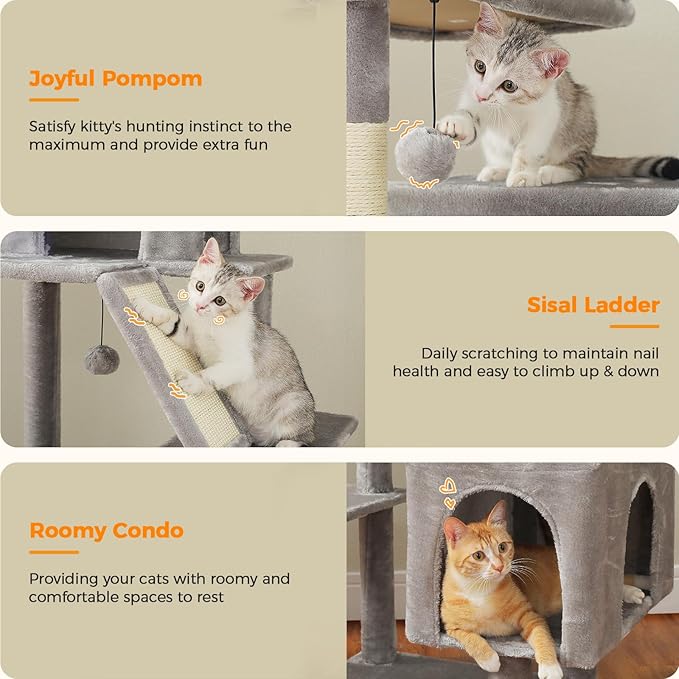71 Inch Tall Cat Tree for Indoor Cats Large Adult, Multi-Level Cat Tower with Extra Large Hammock, 2 Cat Caves, Spacious Top Perch, Scratching Pad, Light Grey