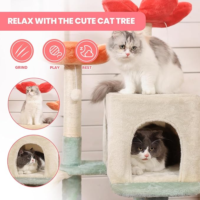 HYABi 48-inch Modern Cat Tree with Hanging Basket & Flower Design, Multi-Level Cat Tower with Plush Perches, Sisal Scratching Posts & Toy Balls, Stylish Indoor Playhouse for Cats & Kittens