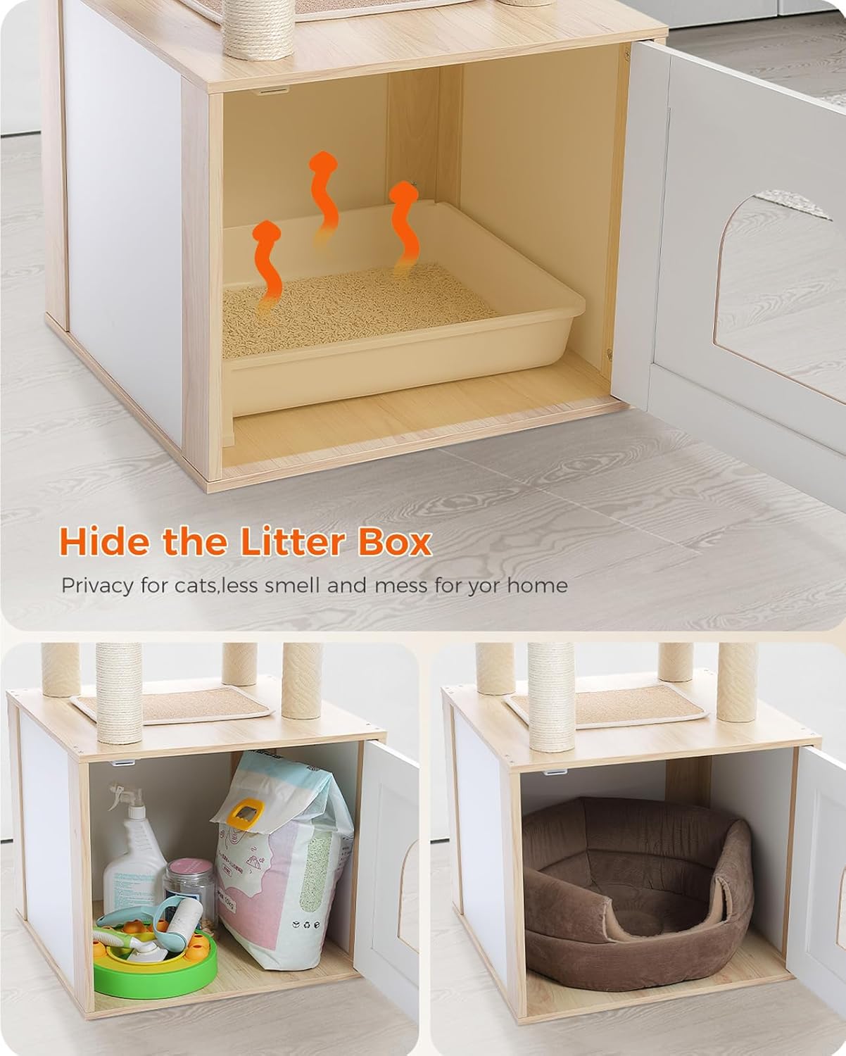 Tall Cat Tree with Litter Box Enclosure 56.7" Wooden Cat Tower for Large Cats with Cat Hammock House Bed (Wood Beige)