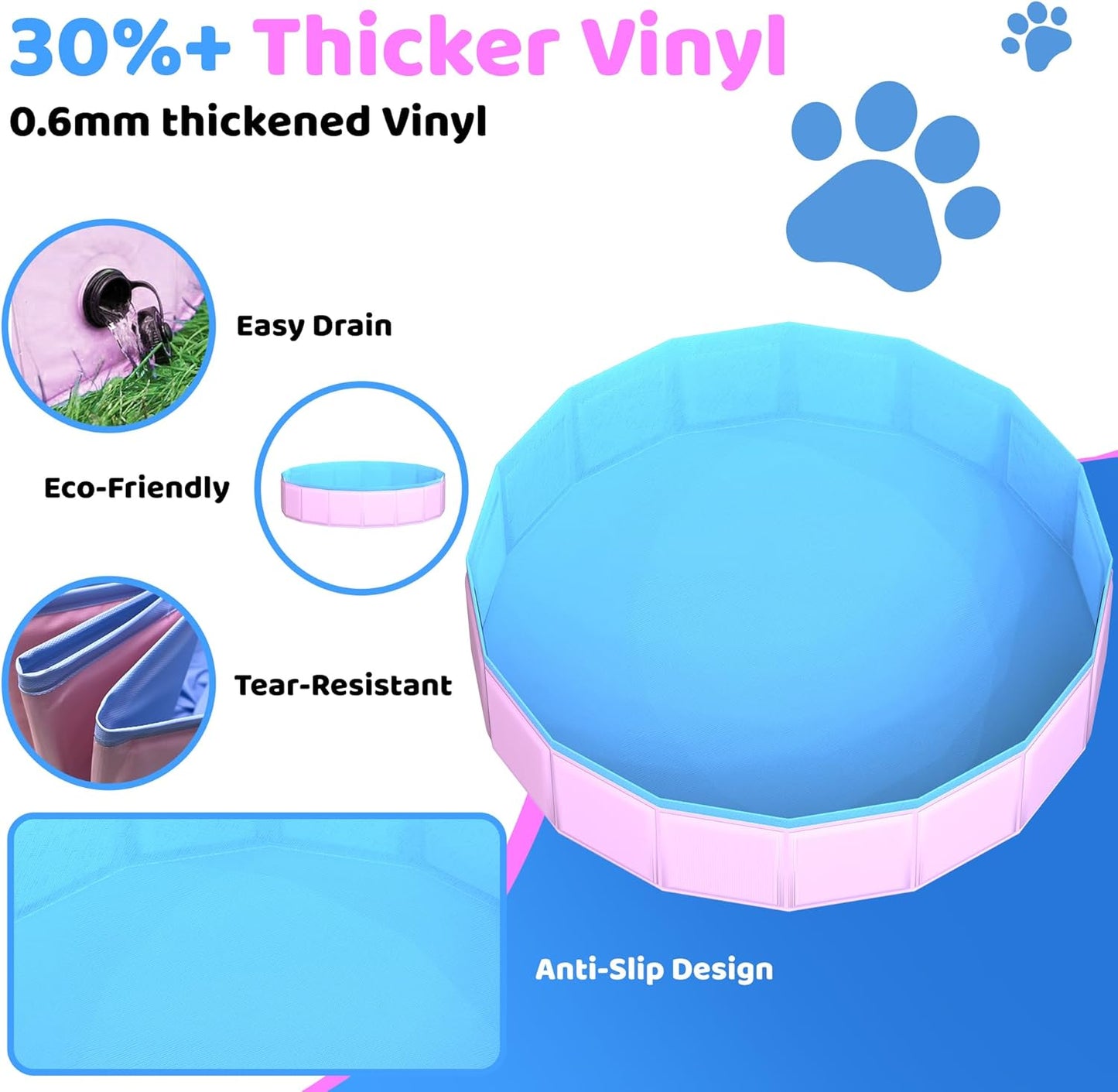 2025 Updated Foldable Dog Pool, 63" x 12" Kiddie Pool with Hard Plastic, Non-Slip Dog Bath Tub for Outdoor Backyard, Collapsible Dog Swimming Pool for Kids Dogs Pets (Pink)