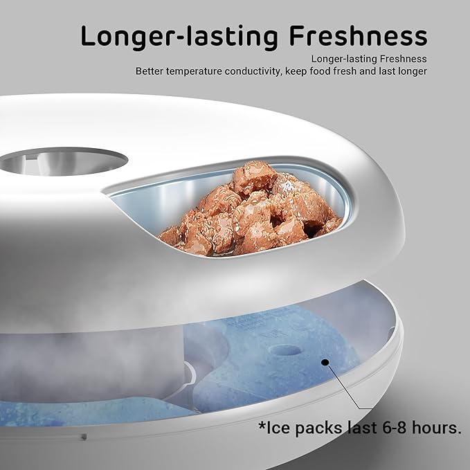 [Stainless Steel Tray Version] iPettie Donut Frost WiFi 6 Meal Automatic Wet Food Feeder with Ice Packs for Senior and Weak Pets, App Control Programmable Timer, Holds 6 x ½ lb. of Food, White