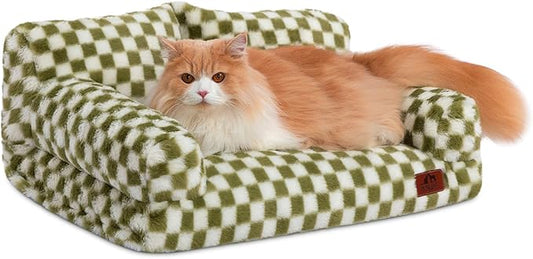 Hollypet Fluffy Plush Dog Cat Pet Couch Soft Calming Sofa Bed for Medium Small Cats and Dogs, Green and White