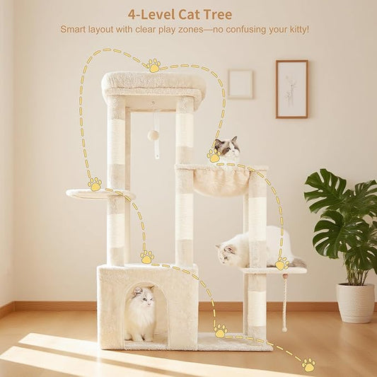 Heybly Heavy Duty Cat Tree, Tower for Indoor Cats Large Adult, Tall Cat Condo House with Extra-Large Baseboard, Multi-Level Plush Furniture with Scratching Posts, Hammock, Toy Ball, Beige HCT026M