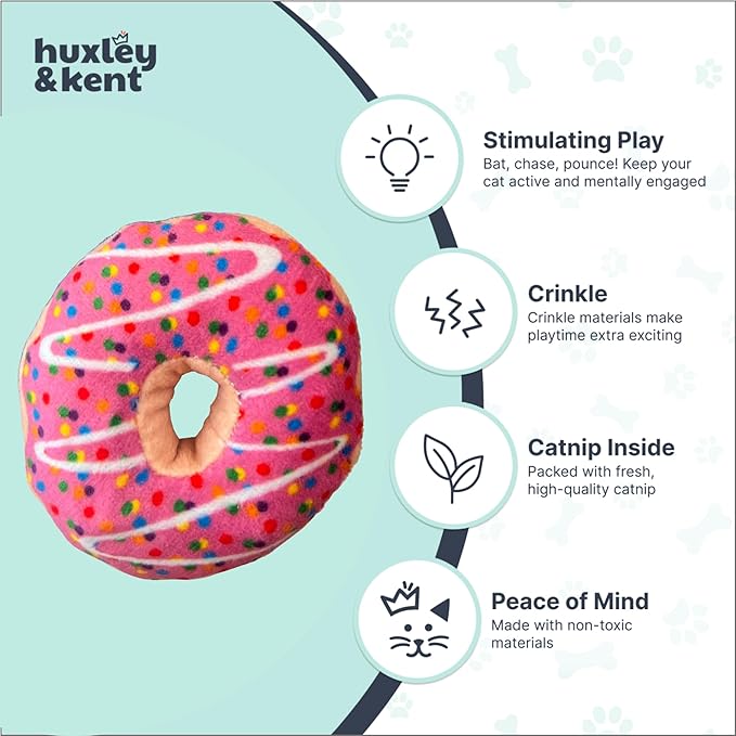 Huxley & Kent Plush Cat Toy - Interactive Catnip Toy for Cats & Kittens - Soft with Crinkle & Catnip - Fun Indoor Play - Strawberry Donut