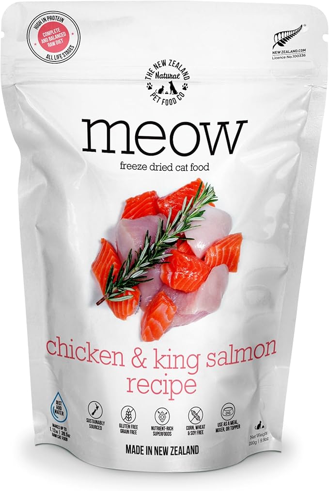Meow Chicken & King Salmon Freeze Dried Raw Cat Food, Mixer, or Topper, or Treat - High Protein, Natural, Limited Ingredient Recipe 9.9 oz