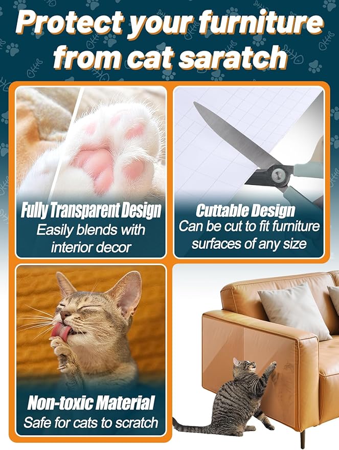 Cat Scratch Furniture Protector - Specially Designed for Leather Furniture, Easy to Remove Anti-Scratch Couch Protector from Cat, No Pins, 10 Pack