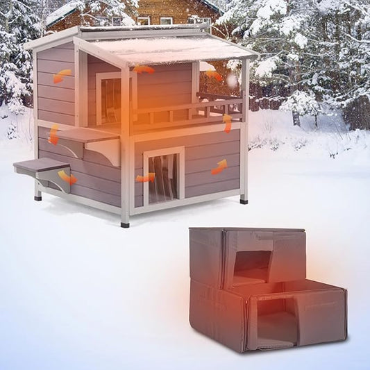 GUTINNEEN Outdoor Cat House Insulated Liner for Winter, Weatherproof Heated Outside Feral Cat Shelter, 2-Story Kitten House with Large Balcony