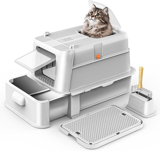 Enclosed Stainless Steel Cat Litter Box with Lid，XL Large Metal Cat Box with Drawer for Big Cats,Top Exit Kitty Litter Box Includes Scoop, Filter Pedal,Odor Control, Easy Cleaning