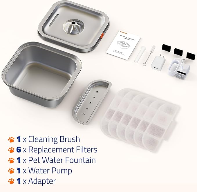 Cat Water Fountain Stainless Steel: 4L/140oz Pet Fountain Water Bowl Indoor, Automatic Dog Drinking Dispenser, Cat Feeding Watering Supplies, Metal Kitty Waterer Fountain, 6 Replacement Filters