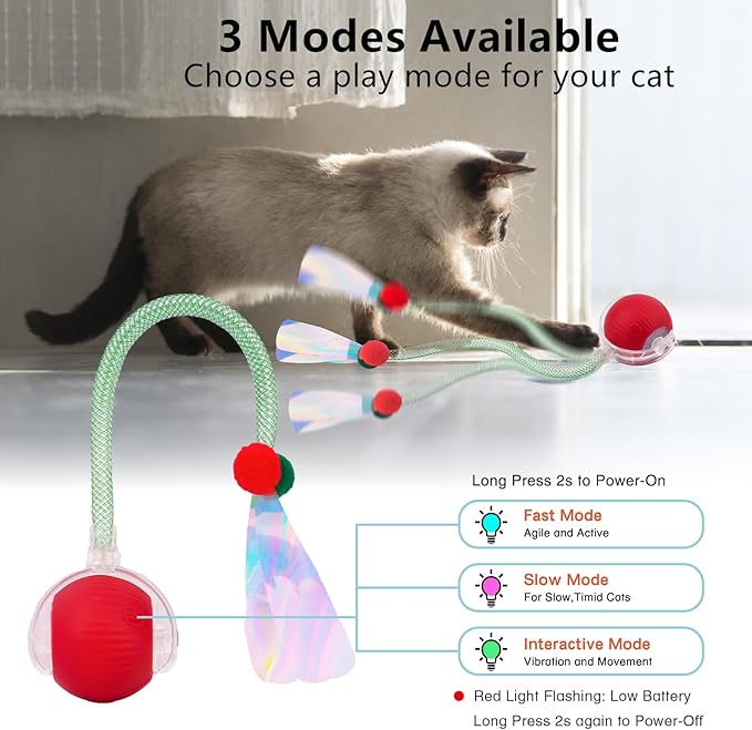 Interactive Cat Toy Balls, Automatic Rolling Cat Ball for Indoor Cats with Bird Chirping Sound & 3 Modes, Rechargeable USB Kitten Toys for Indoor Cats, 2 Fun Flexible Tails Stimulate Hunting Instincts