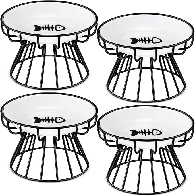 Roshtia 4 Sets Elevated Cat Bowls Ceramic Raised Cat Food Bowls with Metal Stand Dishwasher Safe Dishes Non Slip Elevated Food Plate(Black,Fishbone)