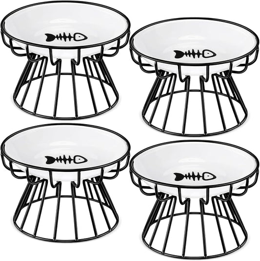Roshtia 4 Sets Elevated Cat Bowls Ceramic Raised Cat Food Bowls with Metal Stand Dishwasher Safe Dishes Non Slip Elevated Food Plate(Black,Fishbone)