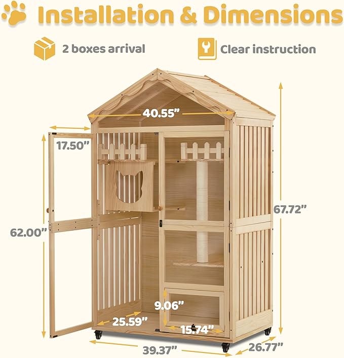 MCombo Wooden Indoor Cat House, Cat Condo with Entrance, Kitten Cage Catio with Lockable Doors and Wheels, CT291