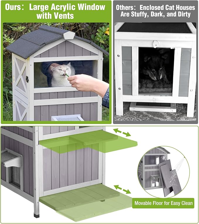 GUTINNEEN Insulated Cat House Outdoor for Winter, 2-Story Feral Cat Shelter Weatherproof with Large Acrylic Window, Movable Floor & Multiple Jumping Platforms for Outdoor Cats