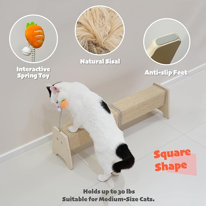 PETKARAY Horizontal Scratching Post, 30" Sisal Cat Scratch Pad, Large Cat Scratcher with Spring Toy, Protect Furniture for Indoor Kitten