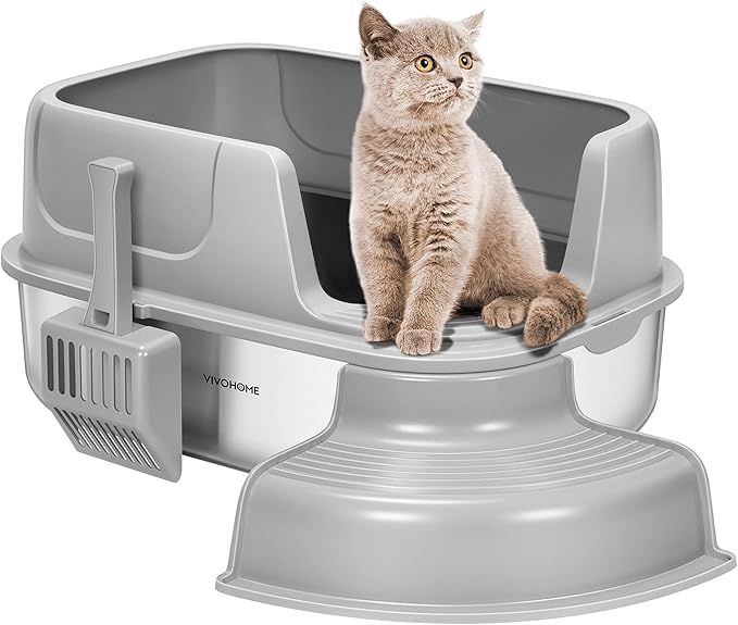VIVOHOME XL Stainless Steel Cat Litter Box with Cover and Steps, 23'' x 17'' x 12'' Large Metal Litter Box for Cats with Scoop, Easy to Clean, Non-Slip, Ideal for Big or Multiple Cats, Light Gray
