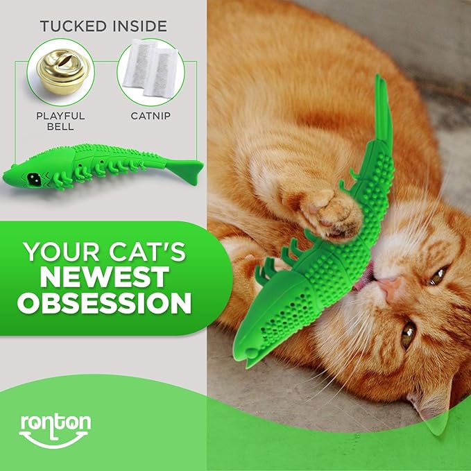 Ronton Catnip Toy - Durable Hard Rubber - Cat Dental Care, Cat Interactive Toothbrush Chew Toy (2 Pack Green & Blue (Shrimp))