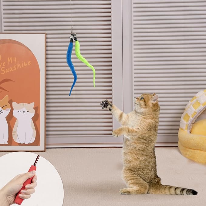 12-Pack Cat Wand Toys with Silvervine Sticks & Feather Refills – Interactive Adjustable Fishing Pole Toy for Indoor Cats, Bell & Elastic String – Durable Kitten Toys