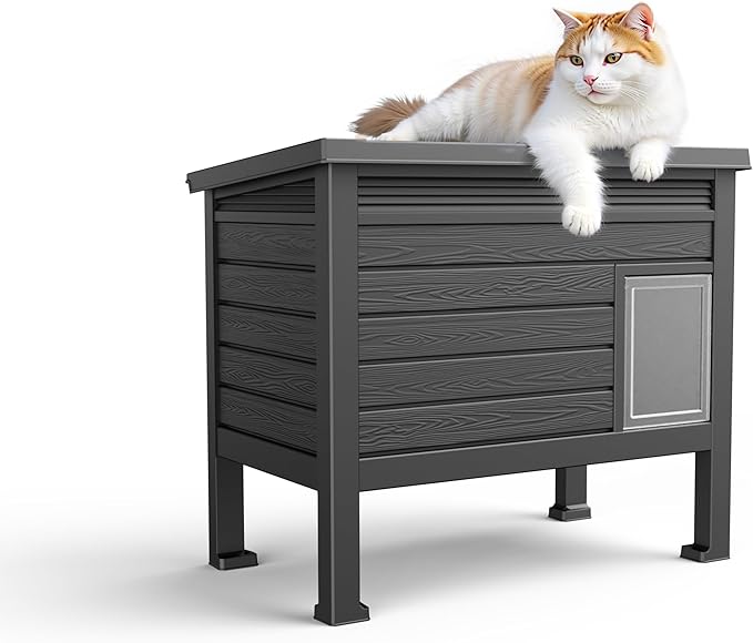 Cat House Outdoor,Weatherproof Feral Cat Shelter with Raised Floor&Windscreen,Resin Insulated Cat House for Winter,for Cats and Small Animals,Black