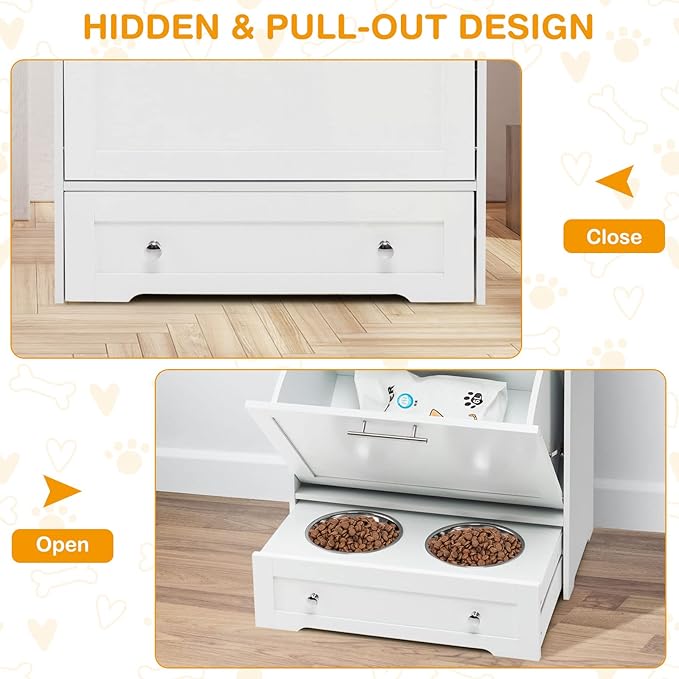 Tangkula Pet Feeder Station, Dog Food Storage Container with Double Pull Out Dog Bowls, Pet Food Toy Organizer Cabinet, Pet Feeding Station Furniture for Dogs Cats Feeding & Watering Supplies (White)