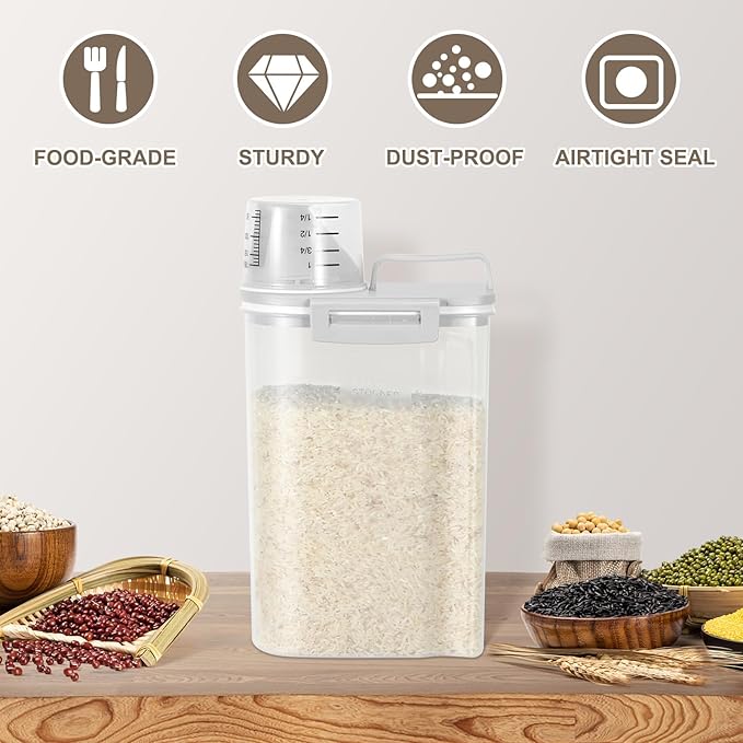 TBMax Rice Storage container 4 Lbs, Small Rice Dispenser with Measuring Cup, Grey Cereal Containers Flour Bin, Kitchen Food Storage Container and Pantry Organizers, Pet Dog Cat Food Dispenser