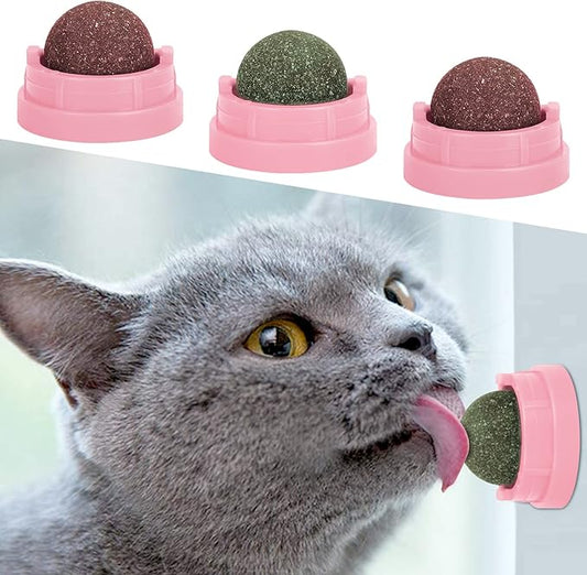 3 Pack Catnip Balls, Catnip Ball for Cats Wall, Edible Kitty Toys for Cats Lick, Safe Healthy Kitten Chew Toys, Teeth Cleaning Dental Cat Toys, Cat Wall Treats (Pink)