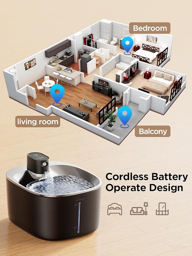 Wireless Cat Water Fountain Battery Operated, 4L/135 fl oz Pet Water Fountain for Cats and Dogs with Motion Sensor, Ultra Quiet Cat Drinking Fountain with 2 Filters (Black YPD-C004P)