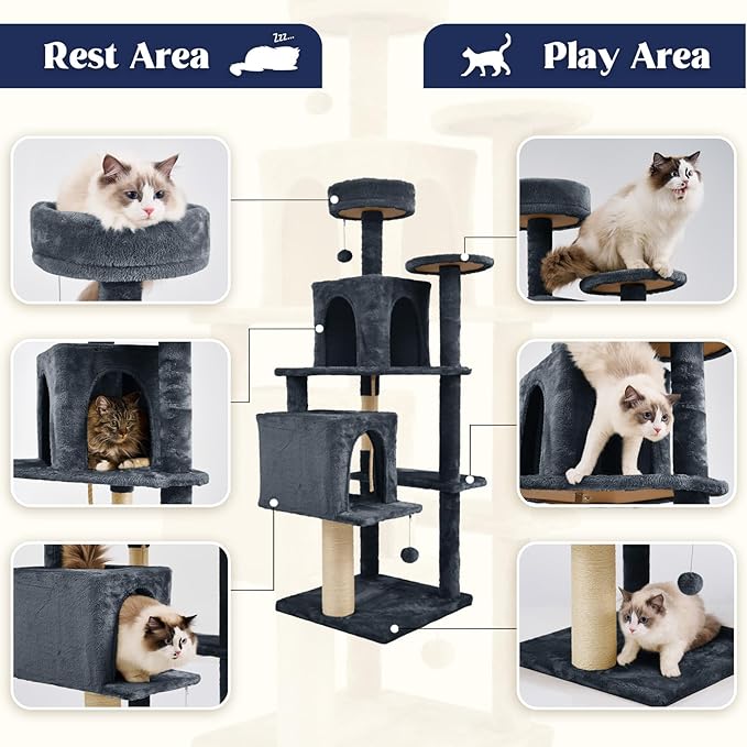 58.5inch Large Cat Tree Tower Condo for Indoor Cats, Soft Plush Multi-Level Climbing Tree Cat House, Scratching Post, More Entrance/Exit, Sisal Rope, Black Grey