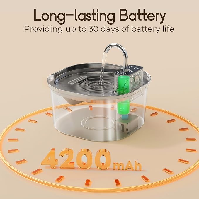 Voluas Cat Water Fountain Stainless Steel: 108oz/3.2L Wireless Cat Fountain Battery Operated for Drinking Indoor, Automatic Pet Water Dispenser Bowl with Ultra Quiet Pump, Easy Clean BPA-Free