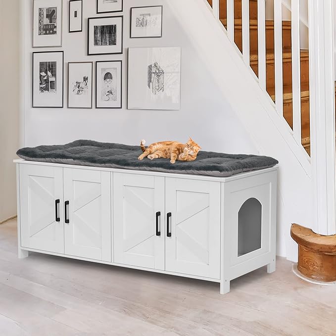 Homhedy Cat Litter Box Enclosure For 2 cats, Litter Box Furniture Hidden with Double Room,Wooden Cat Washroom Furniture,Cat House,47.2”L x 19.7”W x 19.7”H,White