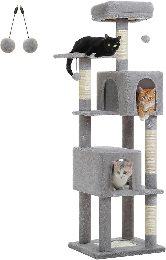 62-Inch Cat Tree for Indoor Cats, Large Cat Tower with Scratching Posts for Large Cats, 2 Bigger Plush Condos, Padded Platform, Soft Cat Bed and Scratching Pad, 2 Pompoms, Gray