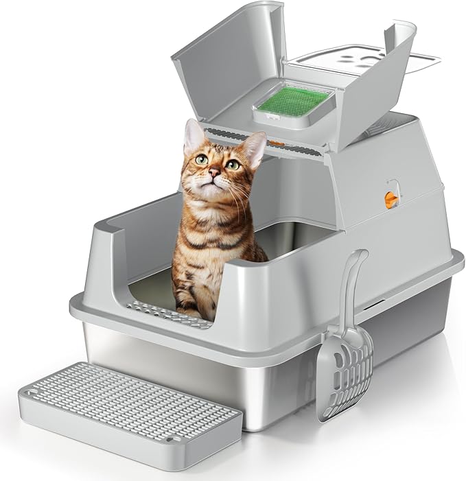 Stainless Steel Cat Litter Box with Lid, 180° Flip-Top XL Extra Large Enclosed Litter Box, Covered Metal High Sided Litter Pan with Steps & Scoop, Easy Cleaning, Odor Control, Non-Sticky-Grey