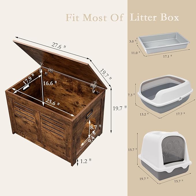 DINZI LVJ Litter Box Enclosure, Flip Top Litter Box Furniture with Good Ventilation, Hidden Cat Washroom, 27.6" L x 19.7" W x 19.7" H, Entrance Can Be on Left or Right, Wooden Cat House, Rustic Brown