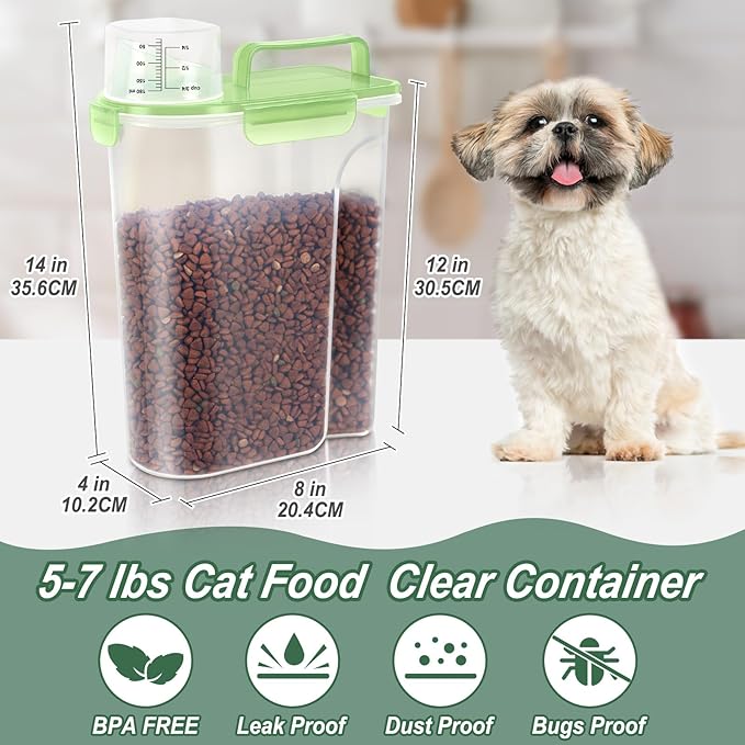 5-7Lbs/6Qt Dog Cat Storage Container Portable with Upgraded Large Spout and Cup, Plastic Pet Food Dispenser for Small Animal Kibble, Bird Seed, Oatmeal, Rice, Flour, Brown Sugart- Clear Green