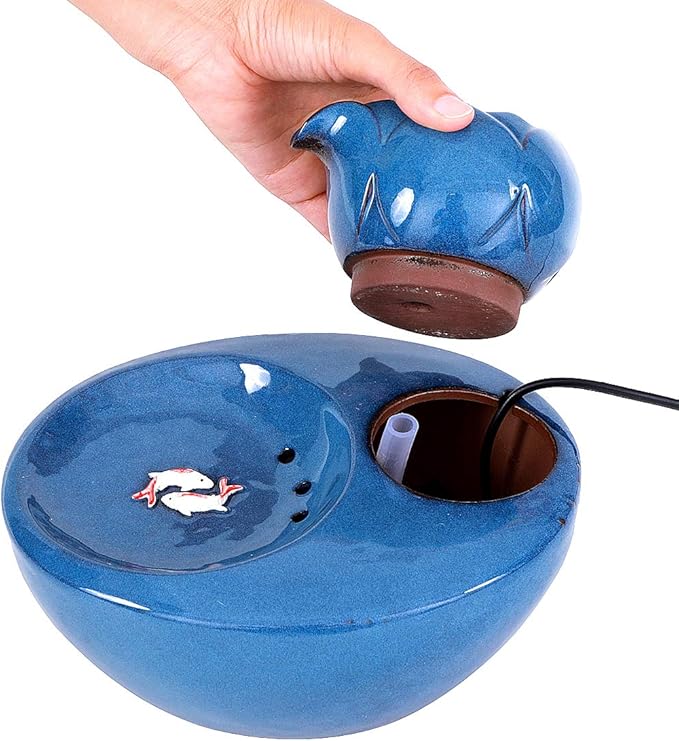 Ceramic Cat Drinking Water Fountain, 1.3 Liters Pet Water Fountains for Cats and Dogs, Electric Pet Water Dispenser with Quiet Pump and 5 Replacement Filters - Blue Lotus Style