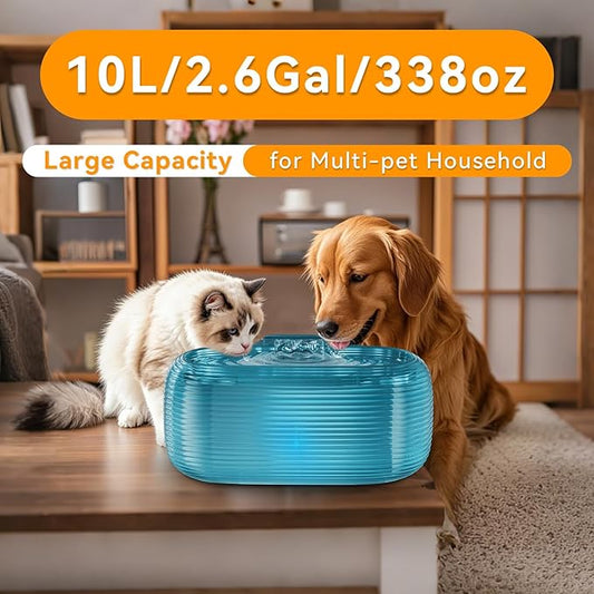 JMICOW 10L/2.6Gal/338oz Dog Water Fountain for Large Dogs, Dog Fountain Water Bowl, Pet Water Fountain with 5 Replacement Filters and 4 Cleaning Brushes (Blue)