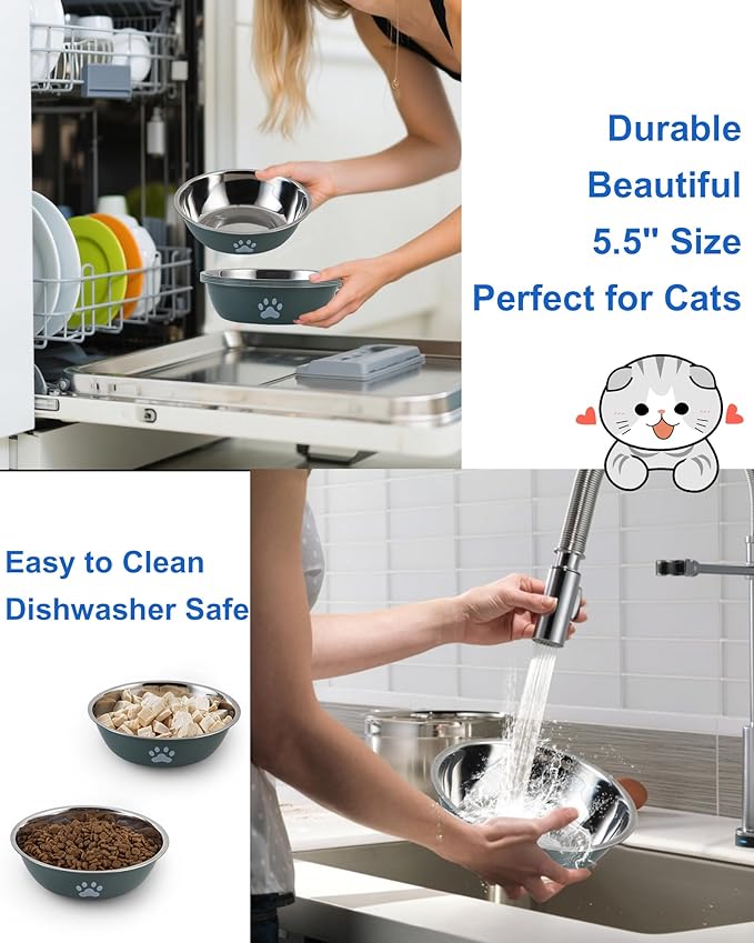 6 PCS Stainless Steel Cat Bowls, Non-Slip Stainless Cat Food Bowl Metal Cats Dishes Whisker Fatigue Kitten Plates Shallow Wide Kitten Bowls, 5.5” Whisker Friendly Feline Food Dish (Green 6 PCS)