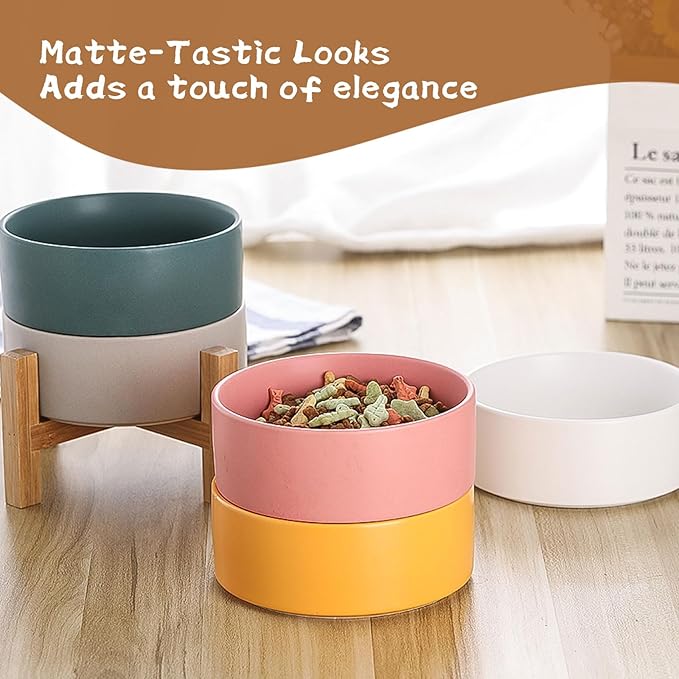 Elevated Ceramic Cat Bowl - Cat Food Bowl with Bamboo Stand - Raised Dog Dish for Puppies - Anti Vomiting, Stress Free - 13.5 oz / 400 ml - Pink