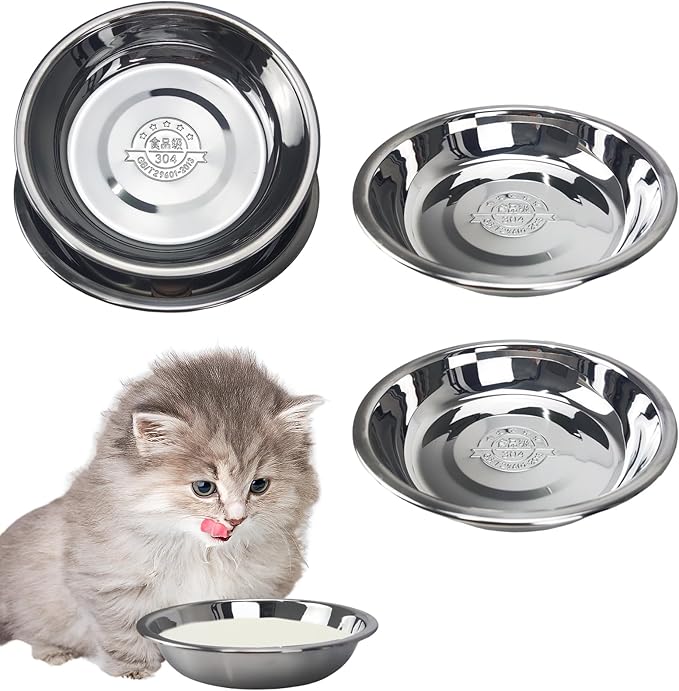 4pcs Stainless Steel Cat Bowls - 7.1 Inch Metal, Shallow Dish for Indoor Cats - Elevated Food Bowl for Kittens with Whisker Fatigue Protection