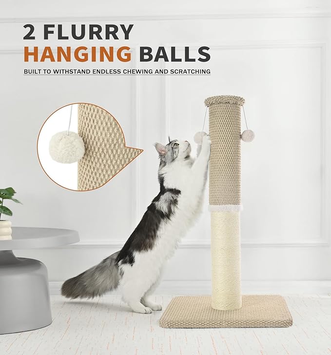 Made4Pets Tall Cat Scratching Post, Heavy Duty and Thicker Scratching Posts for Indoor Cats Adults, 23.6" Natural Sisal Cat Scratcher with Hanging Balls, Sturdy Base Cat Scratch Post, Beige